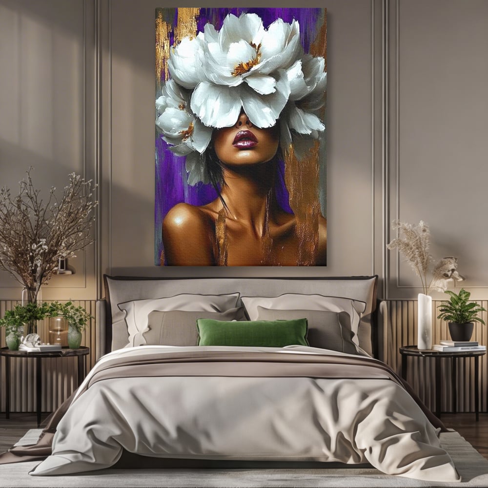 Tablou canvas cu tablou canvas cu femeie si flori albe, fara rama, pe sasiu de lemn, pe perete intr-un dormitor